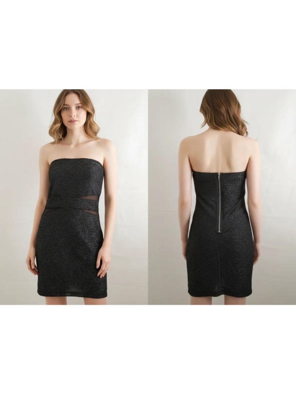 Speechless Black Strapless Glittery Mesh Panels Bodycon Mini Dress Women's Large - Picture 9 of 9